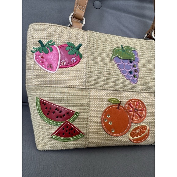 Woven Straw Tote Bag Fruit Embroidery Summer Resort Beach Y2K Strawberry Melon - Picture 2 of 10
